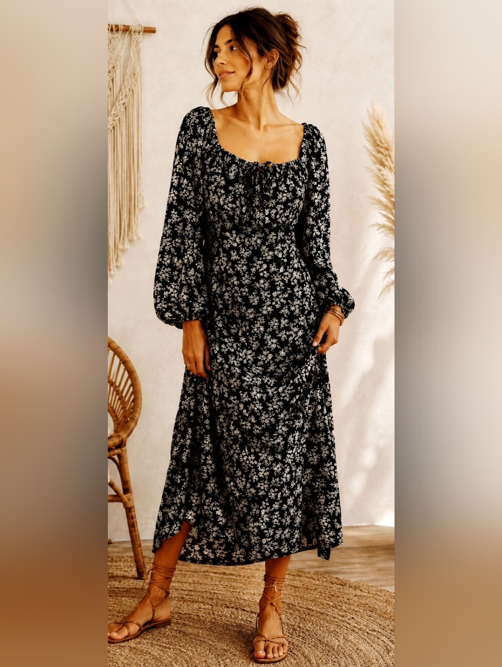 Dizzy Lizzy Floral Cottagecore Peasant Midi Dress Boho Romantic Prairie Coquette